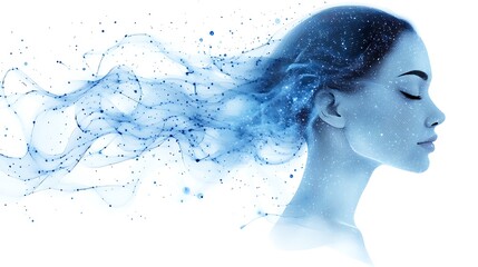 Woman with Abstract, Blue, and Flowing Hair.