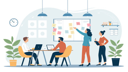 Team brainstorming session in modern office, perfect for project management or teamwork website.