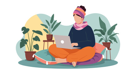 Fototapeta premium Woman working from home on laptop, surrounded by plants. Perfect for blog posts about remote work, wellbeing, or home office design.
