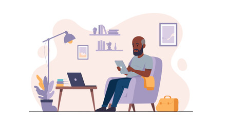 Senior African American man using tablet at home, perfect for websites and brochures on retirement, technology, or comfortable living.