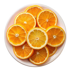 Fototapeta premium A top down view of a white plate filled with freshly sliced oranges and citrus fruit segments isolated on transparent background