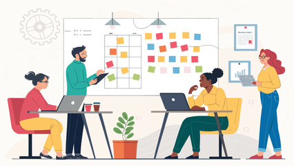 Diverse team collaborating on a project using a Kanban board, perfect for illustrating teamwork and agile methodologies.