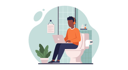 Man working on laptop while sitting on toilet, illustration for blog post about work-life balance.