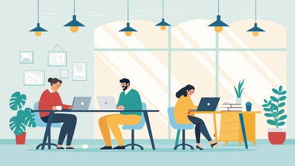 Modern co-working space illustration perfect for websites and brochures showcasing teamwork and productivity.