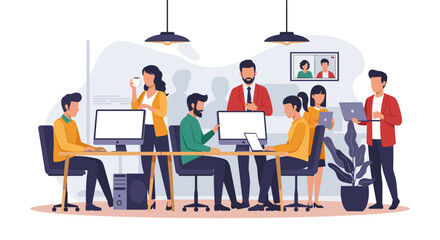 Diverse team collaborating in a modern office, perfect for illustrating teamwork and modern workplaces.