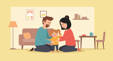 Happy family at home: parents helping their little daughter take her first steps. Perfect for family blogs, parenting websites, or children's product advertisements.