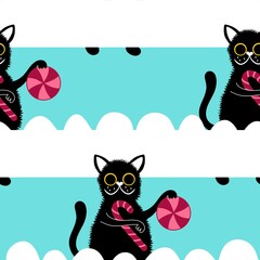 Cartoon funny cats seamless Christmas pattern for wrapping paper and kids clothes print and festive packaging