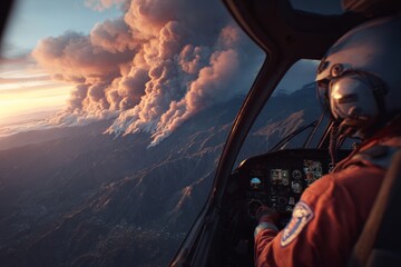 Focused pilot steers helicopter towards smoke in critical firefighting. Helicopter tactics. Exploring the impact of helicopters in combating wildfires globally. Emergency tactics.
