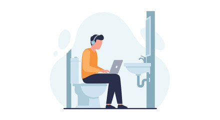 Man working on laptop while sitting on toilet - Illustration for articles about work-life balance or remote work challenges.