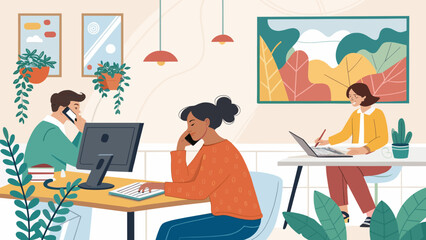 Diverse team collaborating in a modern, plant-filled office. Ideal for websites, brochures, and presentations on teamwork and productivity.