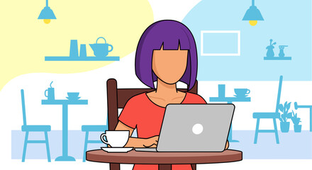 Woman working on laptop in a cafe, perfect for website banners or blog posts about remote work.