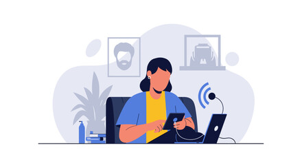 Woman using laptop and smartphone for online work or podcasting, ideal for website landing page or blog.