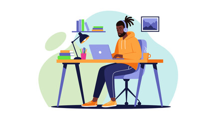 Young man working from home on his laptop, perfect for blog posts about remote work or productivity.