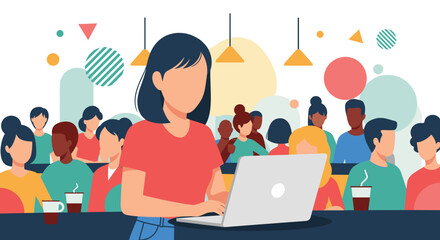 Diverse group of people working on laptops in a modern co-working space. Ideal for website banners, presentations, and social media.