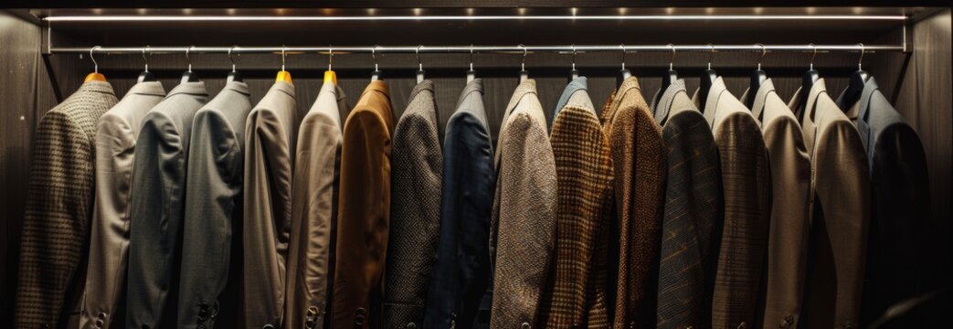 Row of neatly hung suits on hangers in wardrobe displaying elegant formalwear choices for business or special occasions. fashion, professional attire, closet organization, copy space , banner
