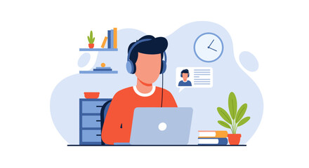 Person working from home on laptop wearing headphones, ideal for remote work, online support, or customer service website.