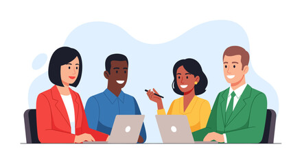 Diverse team of business professionals collaborating on laptops. Ideal for websites, presentations, and marketing materials.