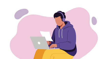 Person working on laptop, illustration for website or blog post about remote work, freelance, or online education.