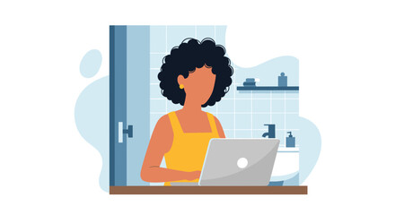 Woman working on laptop in bathroom, perfect for blog posts about remote work or flexible schedules.