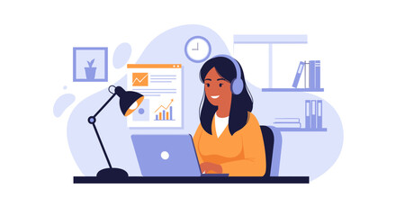 Happy woman working from home on laptop, perfect for website banners or blog posts about remote work.