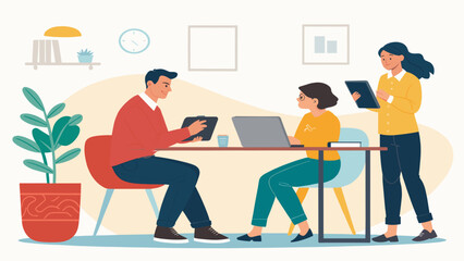 Teamwork and collaboration: Diverse colleagues working together on a project in a modern office setting. Ideal for websites, presentations, or brochures.