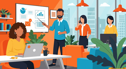 Diverse team brainstorming in a modern office, perfect for website landing pages or business brochures.