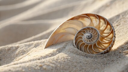 Spiral pattern of a seashell on sandy surface