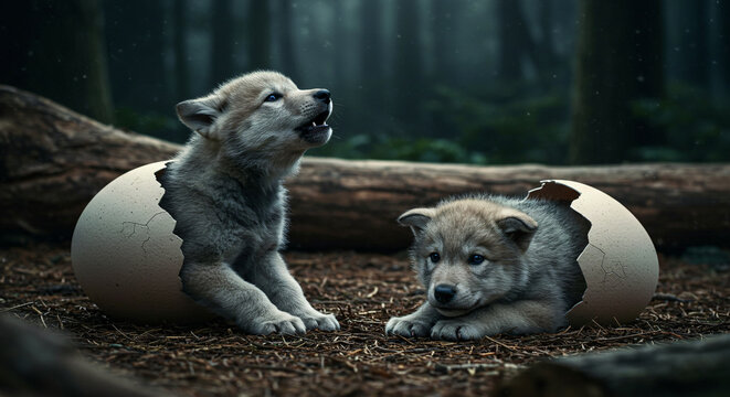 baby wolf haching an egg new births in snow