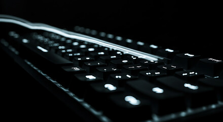 Illuminated keyboard keys glow with futuristic digital stream