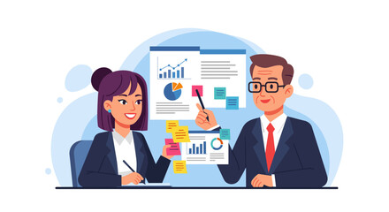 Business colleagues collaborating on a project, reviewing data charts and graphs. Perfect for presentations, websites, and marketing materials.