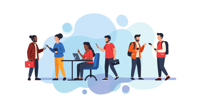 Diverse group of young professionals using technology; ideal for websites, presentations, or brochures on modern workplace trends.