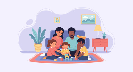 Happy family playing together at home, perfect for family blogs, websites, and children's products.