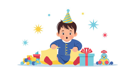 Delightful First Birthday Celebration Of Joyful Baby With Gifts And Party Hat