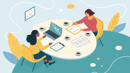 Two women in business meeting, reviewing documents and using laptop. Perfect for landing pages, brochures, and presentations related to collaboration, teamwork, or business strategies.