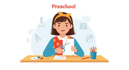 Delightful Girl Cutting Paper With Scissors During Art Class Session