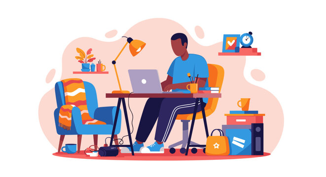 Illustration of a man working from home on his laptop, ideal for remote work, freelance, or home office articles.