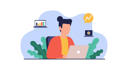 Person working on laptop, data analysis, business concept illustration for website or presentation.