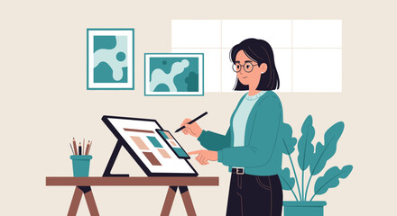 Designer Creating Digital Art On Interactive Touch Screen Device At Home