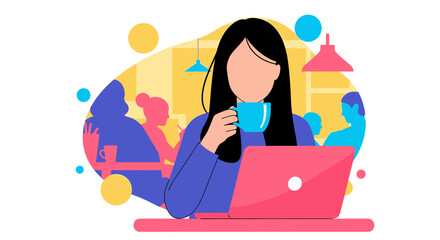 Woman working on laptop in cafe, perfect for website banners or blog posts about remote work or coffee culture.