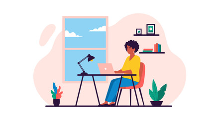 Woman working from home on laptop, ideal for website banners or blog posts about remote work.