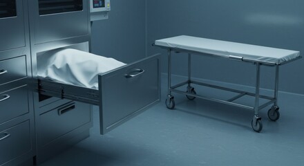 Morgue scene with body drawer