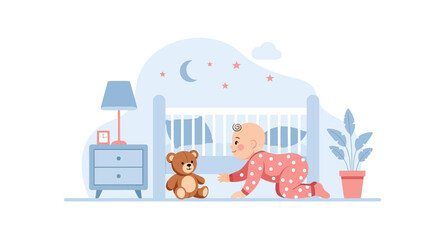 Crawling Baby Reaching For Teddy Bear Near Crib In Nursery Room Scene