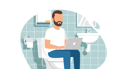 Man working on laptop in bathroom -  illustration for blog, website or social media.