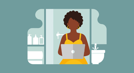 Woman working on laptop in bathroom - modern lifestyle illustration for blog, website, or social media.