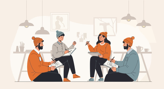 Creative Art Workshop: Diverse Artists Drawing Together in Casual Studio Setting