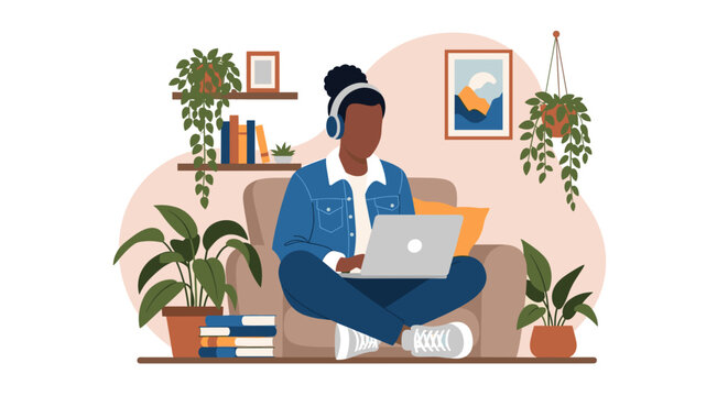 Person working on laptop from home, surrounded by plants. Ideal for blog posts about remote work, wellbeing, or productivity.