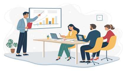 Business team meeting, presentation, growth chart, strategy session. Ideal for website landing page, brochure, report.