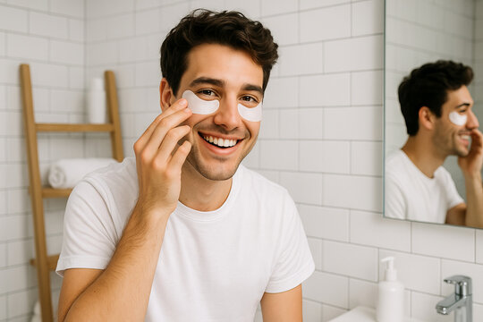 Smiling man applying eye patch in bathroom concept of skincare routine, male grooming, self-care enthusiast, facial treatment, relaxation, youthful appearance