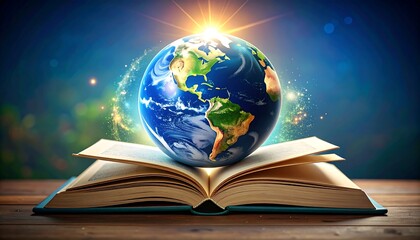 Earth on open book background, world book day, international literacy day