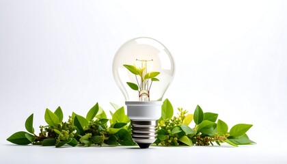 Eco friendly lightbulb with plants green background, renewable and sustainable energy